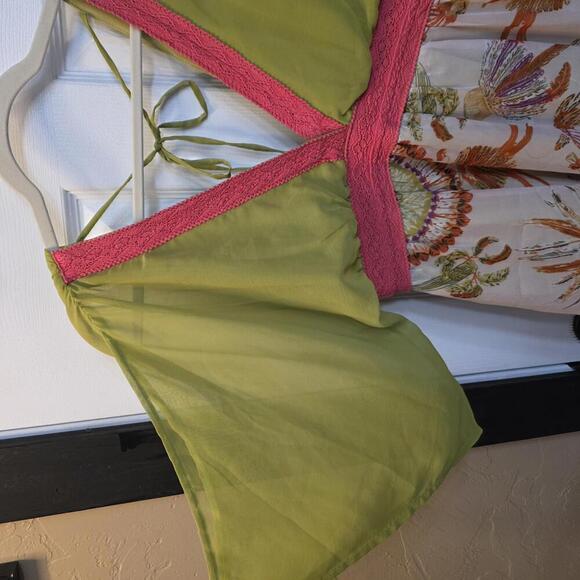 Anthro A'Reve Women's Mini Dress w/ Green Sheer Sleeves & Floral Skirt- Medium - Picture 2 of 8